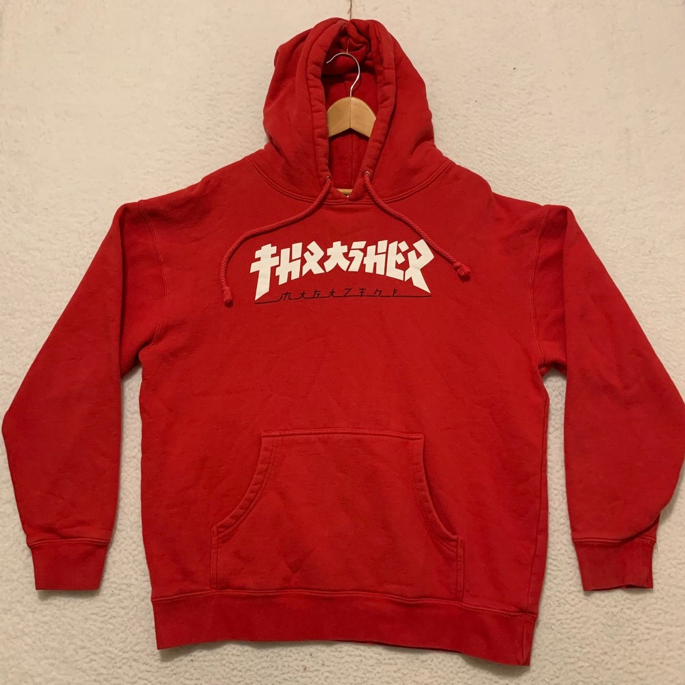 Thrasher Magazine Godzilla Katakana Logo Hoodie Mens Large Red Skate Sweatshirt